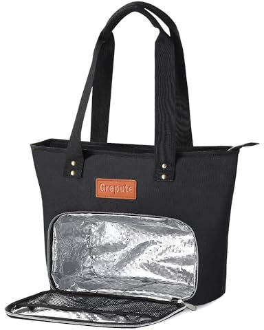 grepute 15.6 Zoll Laptop Lunchtasche Damen,tasche mit kühlfach,Große Isolierte Lunch Bürotasche mit Laptopfach, Lunch Tote Bag mit Großer Schultergurt, Auslaufsichere Tote Kühltasche, Schwarz