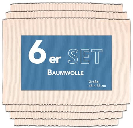 Como Platzmatte 6er Set beige, Platzset aus Baumwolle, strapazierfähig, hitzebeständig, abwaschbar, rutschfest, Platzdeckchen 48x33 cm