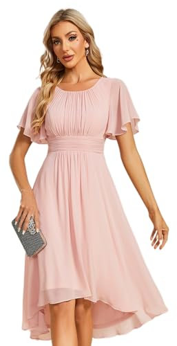 Ever-Pretty Women's Pink Bridesmaid Dresses Crew Neck Pleated Waist Short Sleeve Wedding Guest Dress Pink 20UK