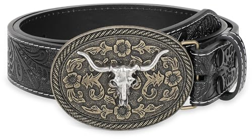 WHIPPY Mens Cowboy Belt Western Belts for Men Women with Engraved Floral Bull Head Buckle Western Leather Buckle Belt for Jeans,Black-Silver 36-40