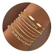 Kakonia 8pcs Bracciali in Oro per le Donne, 14k Oro Placcato Delicato Moda Bracciali Impilabili Catena Fascino Link Paperclip Perline Braccialetto in Acciaio Inox a Strati Braccialetto Set