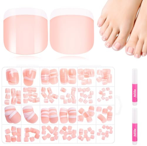 MELLIEX 240 Pièces Français Faux Ongles Pieds, 12 Tailles Acrylique Couverture Complète Capsule Ongle Pied pour Femmes Filles Salon de Manucure Nail Art