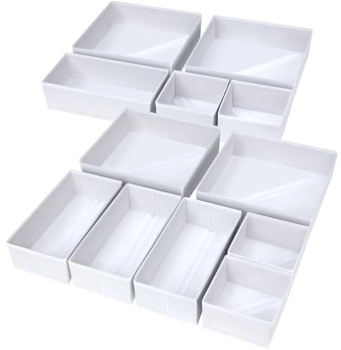 DIMJ Baby Clothes Organiser for Drawers - 12 Pack Fabric Wardrobe Storage Organiser Dresser Drawer Dividers Clothes Sock Storage for Bedroom,Desk,Wardrobe(White)
