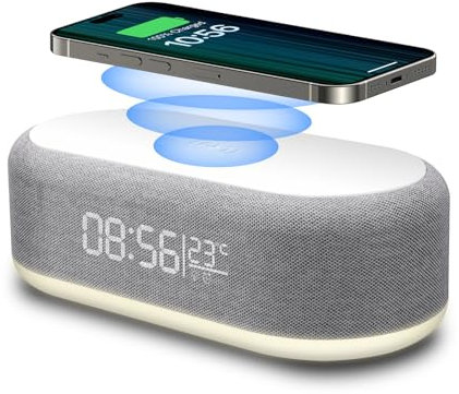 PDKUAI 4 in 1 Wecker Digital mit Ladestation,15W Kabelloses Schnell Ladegerät für iPhone/Samsung/Pixel,LED-Display mit Temperatur,Alarm Clock 3 dimmbares Nachtlicht und USB-Ladegerät (weiß)