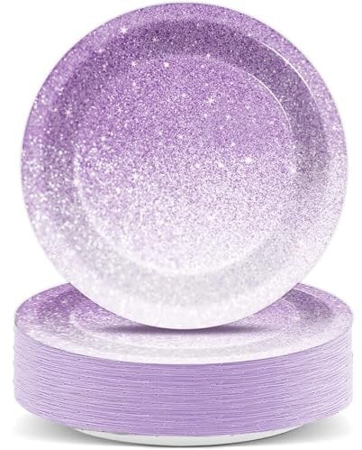 ZOIIWA 48PCS Ombre Purple Party Plates Gradient Pastel Purple Paper Plates Party Decorations Light Purple Sprinkle Dessert Plate Tableware for 48 Guests Women Birthday Wedding Tea Party Supplies