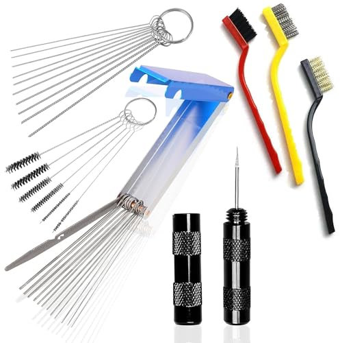 32 Pieces Carbon Dirt Jet Remove Cleaner For Carburetor, Airbrush, Spray Gun-5 Cleaning Needles+10 Nylon Brushes +13 Pieces Cleaning Wires Set + 1 Sharpen Pick Tool Kit+3 Large Brushes