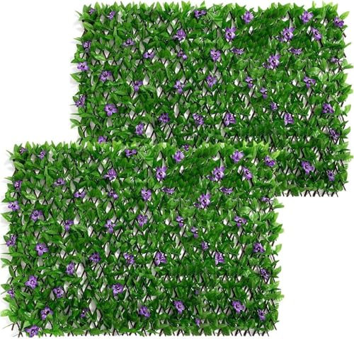 Pannelli espandibili for traliccio da giardino 200x40 cm, traliccio espandibile con foglie artificiali, schermatura espandibile for recinzione da giardino con edera artificiale e fiori viola, decorazi