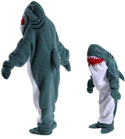 Hai Decke Onesie für Erwachsene Kinder, kuscheliger Flanell mit Kapuze, doppelseitiges Fleece, lustiges Hai-Kostüm für Männer und Frauen(140cm)