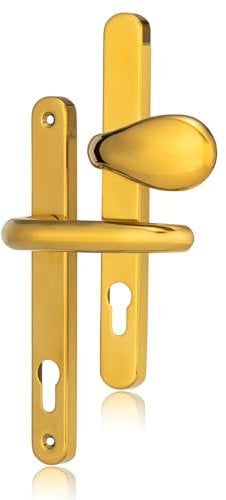 XFORT Uros Polished Brass Inline UPVC Door Handle, (PZ 92mm, Screw Hole Distance 211mm, Overall 243mm) Aluminium Lever/Pad UPVC, Front Door Handle