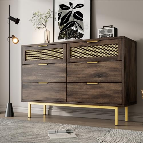 Merax Kommode mit 6 Schubladen Sideboard 120cm, Beistellschrank aus Holz und Metall, TV Schrank Schubladenschrank mit Viel Stauraum, Mehrzweckschrank für Wohnzimmer Schlafzimmer Flur Büro, Dunkelbraun