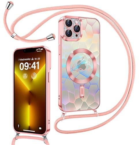 Kokio Coque Glitter Magnétique pour iPhone 13 Pro avec Cordon [Compatible avec MagSafe], Motif Coeur Transparente Housse pour Filles Femmes, Silicone Antichoc Coque pour iPhone 13 Pro, Rose
