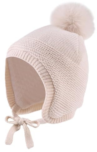 XIAOHAWANG Baby Wintermütze mit Ohren Warme Babymütze Baby Mädchen Jungen Winter Kind Mütze Handschuhe Ohrenklappen Mütze mit Fleece (0-6 Monate, Beige Hut)