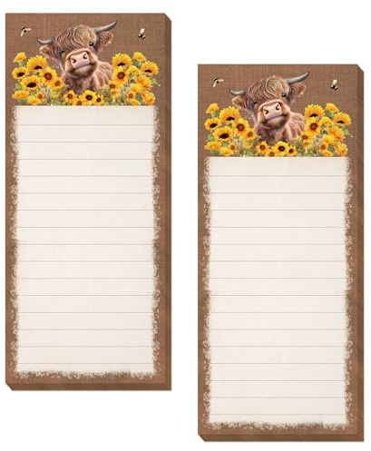 FYSUIMU 2 blocs de notas magnéticos de vaca de las tierras altas, rústicas, vacas, girasoles, abejas, listas de tareas, bloc de notas de papel marrón, para decoración del hogar, cocina, nevera
