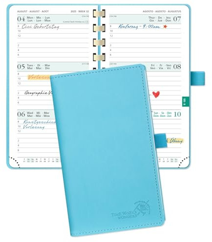 POPRUN Taschenkalender 2025 2026 Klein 16,5 x 9 cm (Aug.2025-Dez.2026) - Kalender 2025 2026 Klein Ringbuch mit Softcover - Terminplaner, Planer 1 Woche 2 Seite mit Kartenschlitz - Blaugrün