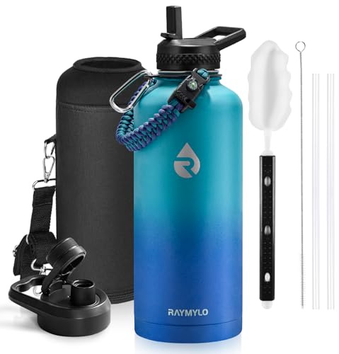 RAYMYLO Isolierte Wasserflasche, 2,5 l, dreifach wandig, Vakuum-Edelstahl | (Kalt für 48 Stunden), auslaufsicher und BPA-frei, moderne Wasserflasche mit Paracord-Griff und Trinkhalm-Deckeln