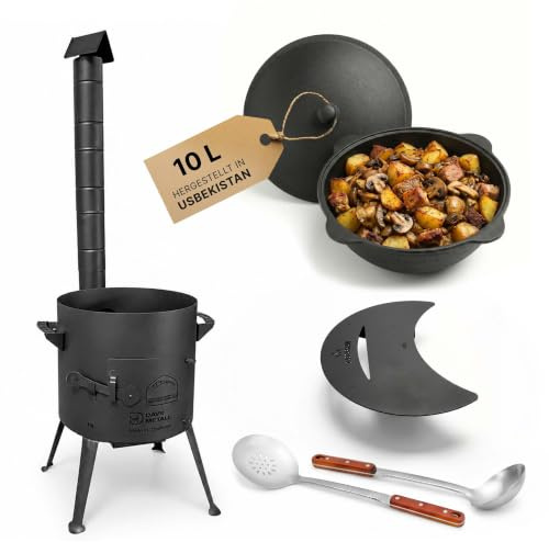 Kazan-Ofen Set 36cm Uchag 2mm Stahl Utschak Abzugsrohr 10L Gusseisen Kasan | Set Utschak mit Usbekischer Kochtopf aus Gusseisen Aluminiumdeckel Schaumlöffel Schöpfkelle Ablagetisch mit Deckelhalter