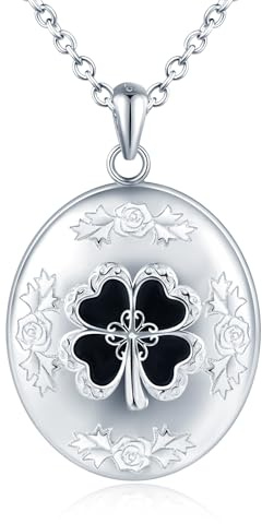 CPSLOVE Damen Fotos Halskettes Medaillons Vierblättriges Kleeblatt 925 Silber Ketten Vintage Ovaler Öffnen Anhänger Mädchen Personalisierte Photo Openable Anhänger Fashion Schmuck
