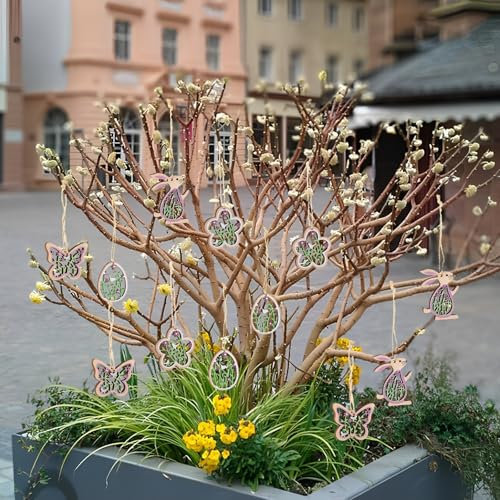Osterdeko Zum Aufhängen, 17 Stück Osteranhänger Holz, Frühlingsdeko Anhänger, Ostern Deko - Osterhase Ostereier Schmetterlinge Blumen, Osterdeko, Ostern Deko, Fenster Deko Hängen