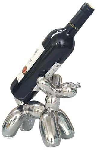 WE-CY artware Cute Balloon Dog Wine Bottle Ceramic Holder Red Wine Rack, Metallic Chrome Silver, Modern Art Decorative Display Stand for Kitchen Living Room Bar Party