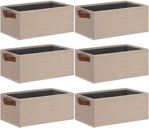 GhvyenntteS Small Fabric Storage Bins 6 Pack, 11.8 x 7.87 x 5.11 Storage Basket with Leather Handles, Closet Storage Bins for Shelves, Storage Baskets for Shelves, DVD Storage (Beige Yellow)