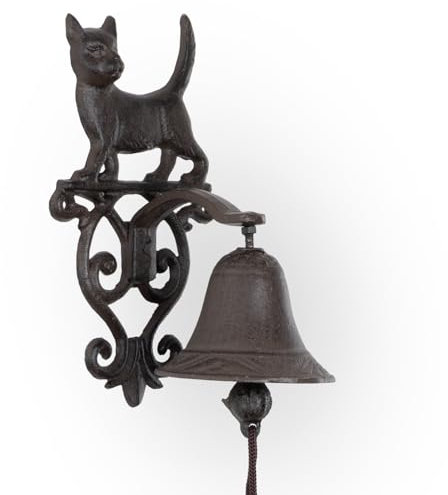 Gusseiserne Wandglocke Katze - Türglocke mit Katzenfigur aus massivem Gusseisen - nostalgisch & wetterfest - Türglocke für Haustür Garten Zaun oder Terrasse - 0,9?kg