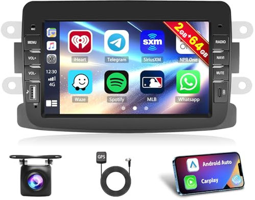 [2G+64G]Inefala Android 15 Autoradio für Renault Dacia Duster Sandero Logan Dokker, 7 Touchscreen Radio Bluetooth mit Wireless Carplay Android Auto GPS WiFi Radio RDS/FM USB SWC + Rückfahrkamera MIC