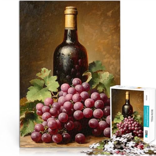 Jigsaw Puzzles for Adults 1000 Piece Wine and Grapes Still Life DIY-Spielzeug mit passendem Poster und Quizblatt38x26cm