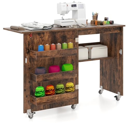 COSTWAY Table de Couture Pliante avec Rangements, roulettes (Marron) | Armoire Roulante pour Machine à Coudre avec Étagère de Rangement et 3 Bacs Cachés pour Salon, Bureau, Studio