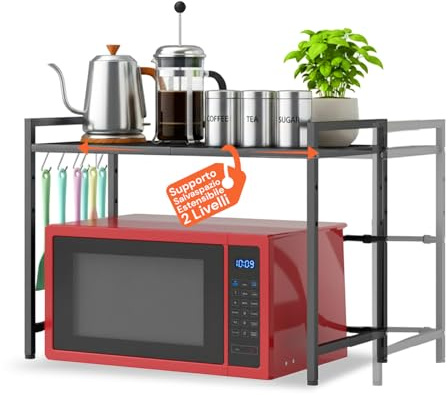 Avilia - Ripiano Estensibile da Cucina, Scaffale a 2 Livelli Regolabile con Ganci Porta Utensili, Ideale come Ripiano per Microonde, Forno e Alzatina Cucina Salvaspazio