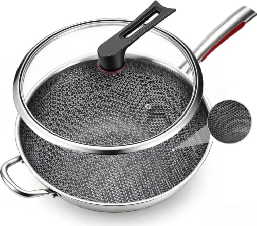 lake tian 12.6-Inch Stainless Steel Wok Pan with Glass Lid - Tri-Ply Nonstick Wok & Stir-Fry Pan, PFOA Free Uncoated Cookware for All Cooktops, Induction Compatible, Flat Bottom