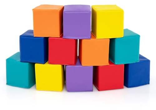 DREAMADE 7/12 TLG. Schaumstoff Bausteine für Kinder, Bunte stapelbare Würfel mit Kunstlederbezug, Softbausteine Riesenbausteine Bauspielzeug für Kinder ab 1 Jahre (Bunt,12 TLG.)