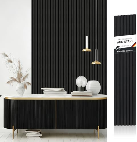 AKK-STAVE Akustikpaneele Holz 240x60 cm (2er-Set 2,88 m²) - Akustik Paneele & Holzpaneele Wand | Holzfurnier 3D Paneele Wand als Wandverkleidung Innen für Wohnzimmer(Schwarz)