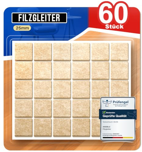 Ansible Filzgleiter Selbstklebend, Möbelgleiter, 60 Stück 25x25 mm | Filz für Stühle & Möbel, Stuhlbeinschoner, Kratzschutz & Geräuschdämpfend, Eckig Beige