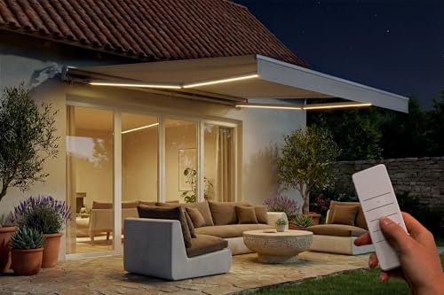 Cazeboo Store banne électrique Semi-Coffre 4x3 m FAZZIO, LED intégrées, capteur Vent + Soleil, Toile Polyester 320 g/m² UV50+, Aluminium, télécommande, Beige
