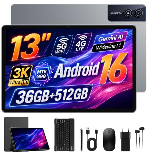 MAXLEGEN Tablet 13 Zoll, Android 16, 3K Display, 4G LTE Dual SIM+5G WiFi, 36 GB RAM + 256 GB ROM/1 TB TF, Octa-Core G99, Widevine L1, Gemini AI, GPS, 13MP, Tablets mit Tastatur/Stift/Maus/Hülle