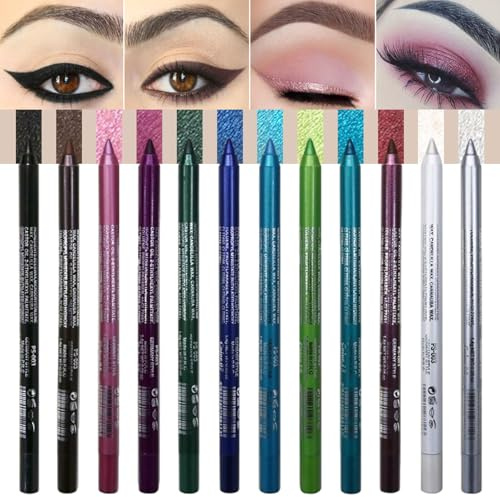 Farbiger Eyeliner, 12-teiliges wasserfestes Glitzer-Eyeliner-Gel-Farbstift-Set, wischfest, langlebig, Perlen-Lidschattenstift für Make-up, Twist-Up