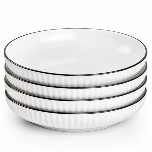 Siocok 4PCS Ceramic Pasta Bowls, 8 Large Porcelain Salad Bowls, Plate Bowl, Fruit Bowl, Microwave Dishwasher Safe, for Pasta, Steak, Vegetables, Desserts, Cooking, Fruits, BBQ