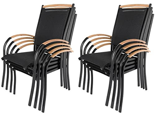 ib style Gartenstuhl 8er Set Diplomat - Stapelstuhl, Aluminium, Teakholz Armlehnen, Stapelbar, Rostfrei, für Terrasse, Balkon, Garten, Vormontiert, 150 kg belastbar, Schwarz