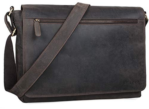 STILORD 'Phil' Vintage Leder Umhängetasche für Herren und Damen Laptoptasche Unitasche Aktentasche Bürotasche Tasche echtes Leder, Farbe:dunkel - braun