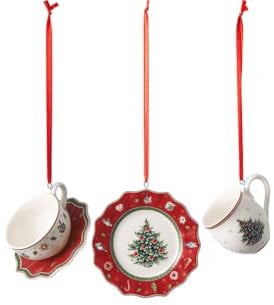 Villeroy & Boch - Toy's Delight Decoration Adornos de Piezas de vajilla en Rojo, 3 Piezas, Encantador Juego de Colgantes para el árbol de Navidad, Porcelana, Rojo, 4 x 7 cm