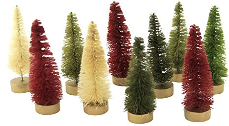 Bethany Lowe Set/10 Retro Bottle Brush Christmas Trees Red White Green Tabletop Decor
