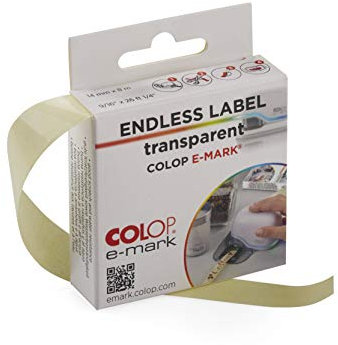 COLOP e-mark Endlosetiketten transparent, 14 mm x 8 m Rolle, spritzwasser- und kratzfest. Zubehör für COLOP e-mark, e-mark create und e-mark go.