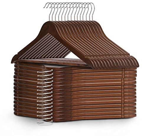 KEPLIN Starker Kleiderbügel aus Naturholz mit 360 Grad drehbarem Haken & runder Hosenstange & Schulterkerben - Langlebiger Garderobenplatzsparer - Geeignet für Mantel, Jacke, Anzug (30 Pack)