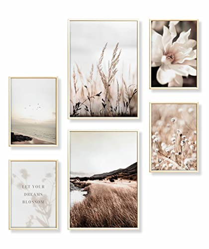 Heimlich® Premium Poster Set mit Bilderrahmen Aluminium Gold | 2 x DIN A3 & 4 x DIN A4 - ca. 30x42 & 21x30 | Stilvolle Poster Collagen mit passenden Bilder als Wanddeko » Meer Strand Blumen «