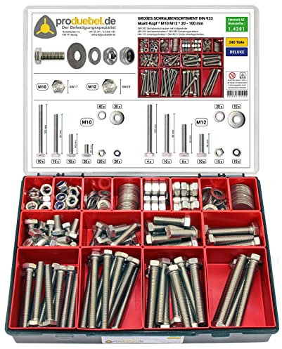 Großes Schrauben-Sortiment DIN 933 M10/M12 Edelstahl A2 V2A (DIN933+934+985+125+9021) 240-tlg (Deluxe-Box)