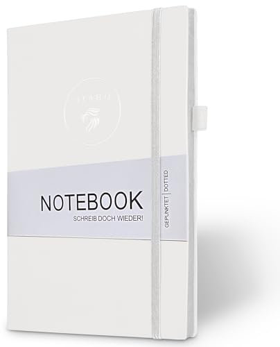 Gíabo Notizbuch Weiß Softcover│Notizbuch A5 mit 80g/white Paper│192 gepunktete/dotted Seiten│Bullet Juornal aus PU-Leder│Mit Stifthalter, Sietentasche und vieles mehr