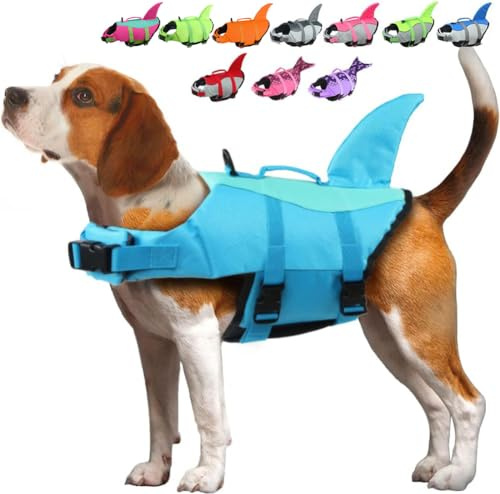 EMUST Shark Dog Life Jackets for Water Safety - Adjustable Ripstop Pet Life Vest with Rescue Handle for Swimming Pool, Beach, Boating (L, Pool Blue)