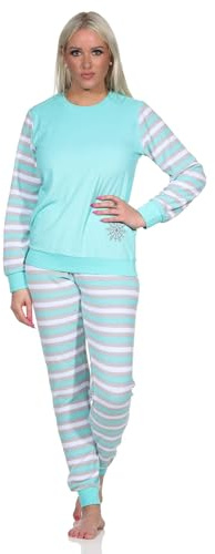 Normann Geringelter Damen Frottee Schlafanzug Langarm Pyjama mit Eiskristall