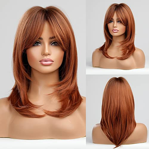 EMMOR Auburn Perücken für Frauen,Langgeschichtige Orange Perücken mit Bangs Hitzebeständige Kunstfaserperücken, Natur aussehende tägliche Perücken