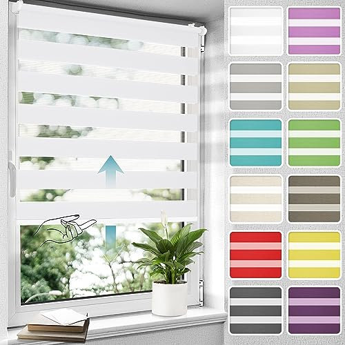 Allesin Doppelrollo schnurlos Klemmfix ohne Bohren Duo Rollos für Fenster, 50x120cm (BxH), Weiß, Drücken Und Ziehen Springrollos Klemmrollo Fensterrollo ohne Schnur lichtdurchlässig & Blickdicht